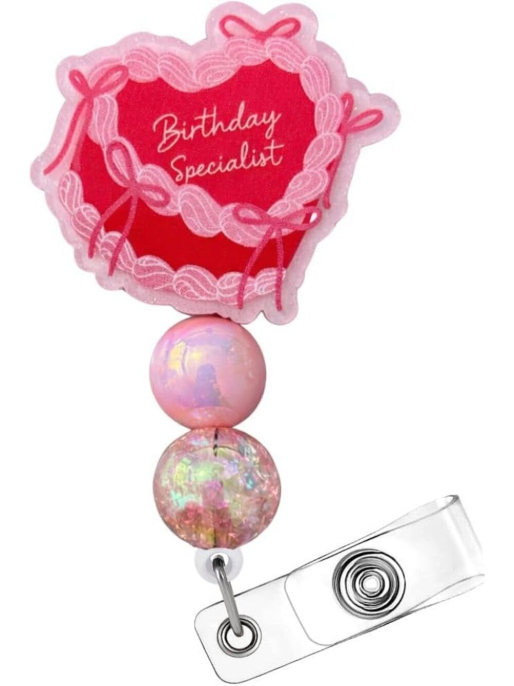 Birthday Specialist Badge Reel Cute Pink Heart Ribbon Baby Basket NICU ID Name H